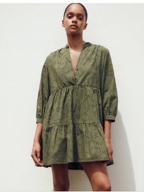 Olive Eyelet Tiered Mini Dress ZARA